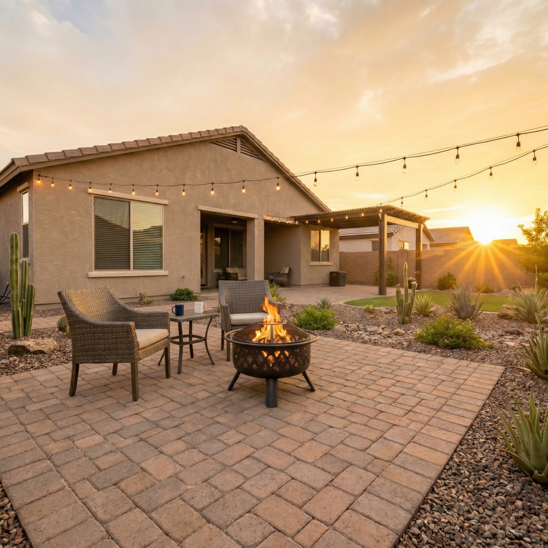 Premium paver patio with firepit at sunset in Tucson Arizona