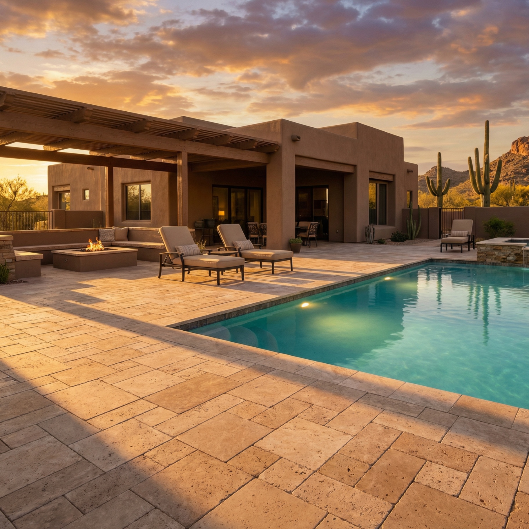Travertine patio landscaping Oro Valley AZ
